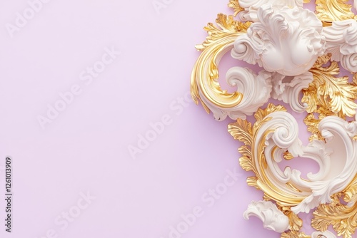 Rococo Ornament With Gold Leaf Patterns and Floral Swirls Against a Pastel Lavender Background Showcasing Intricate Design Details