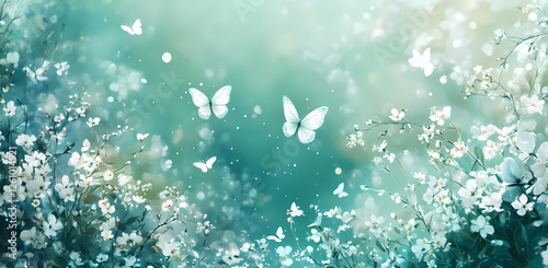 Whimsical Butterfly Garden: Two white butterflies dance amidst a breathtaking bloom of white cherry blossoms, creating a serene and ethereal scene in a dreamy teal landscape.