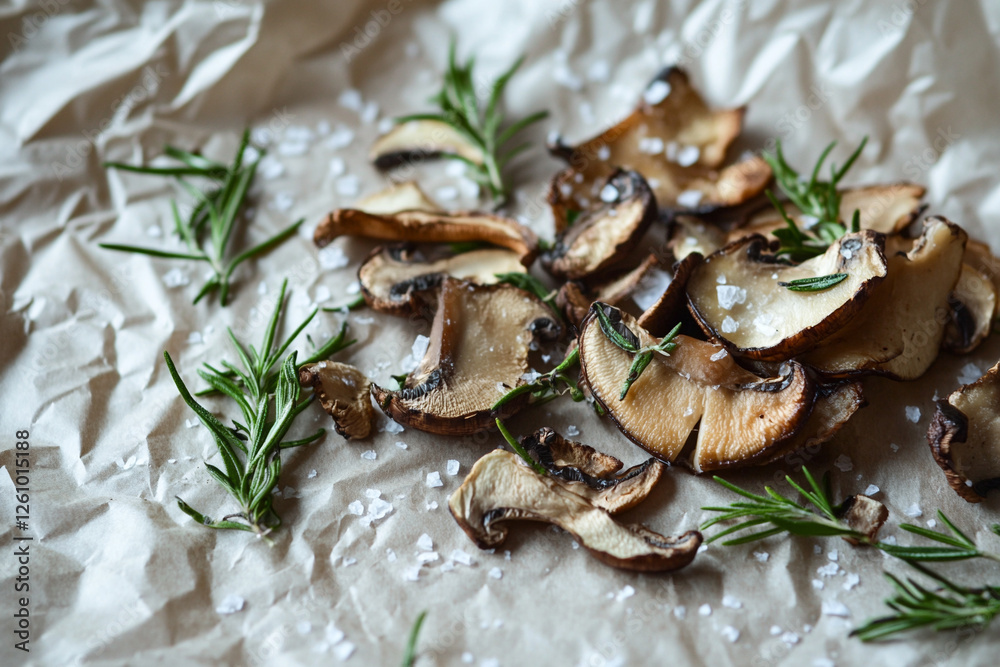 Golden roasted slices of crispy baked mushrooms with rosemary and sea salt Golden roasted slices of crispy baked mushrooms with rosemary and sea salt