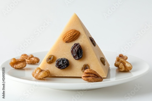 Minimalist Presentation of Pyramid-Shaped Paskha Dessert With Nuts and Raisins on a White Plate in Bright Lighting photo