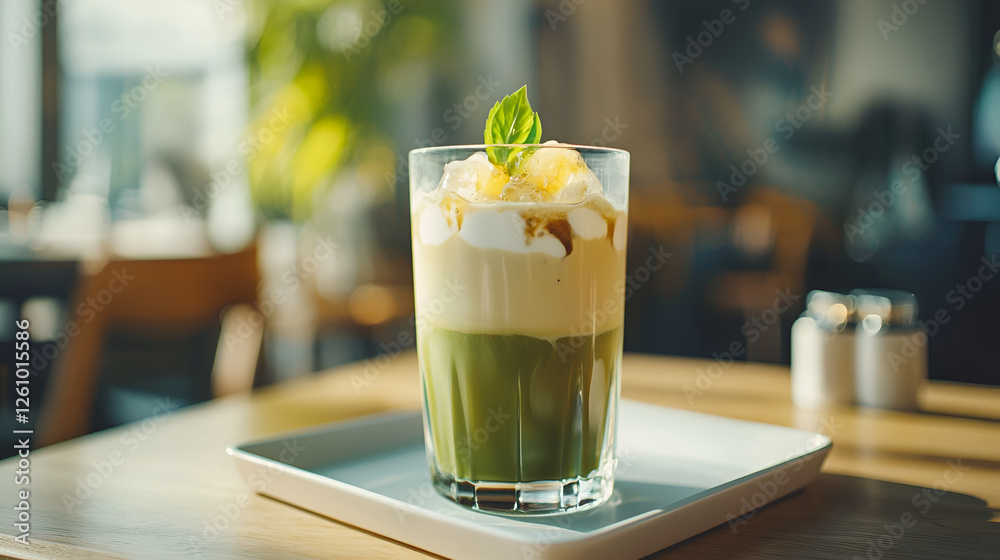 Iced Matcha Latte: A layered drink with a creamy, green tea flavor, topped with ice and fresh garnish. Iced Matcha Latte: A layered drink with a creamy, green tea flavor, topped with ice and fresh garnish.
