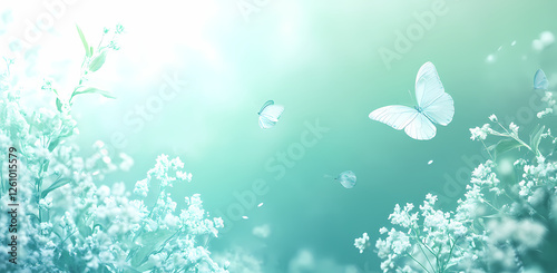 Butterflies Dance in a Dreamy Springtime: Delicate white butterflies flutter through a breathtakingly ethereal spring landscape. photo