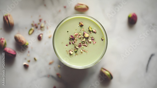 Pistachio smoothie in a glass with pistachio topping on a marble surface, overhead view
