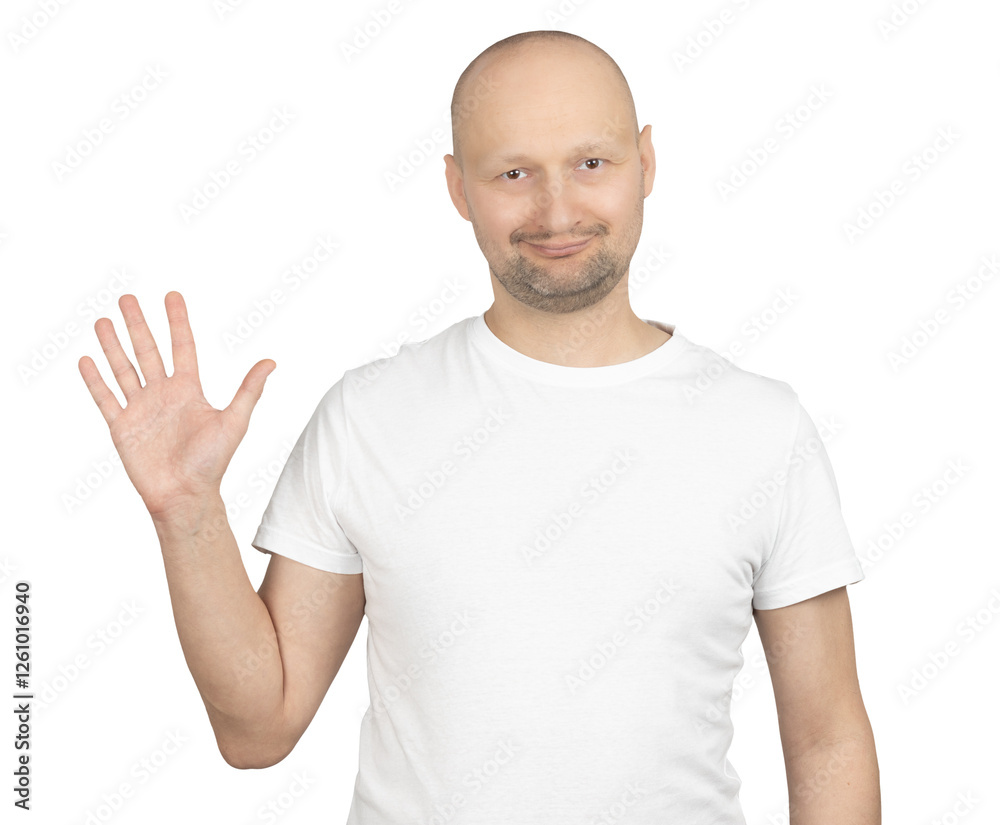 Smiling Caucasian man waving with a friendly expression Smiling Caucasian man waving with a friendly expression