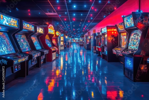 Arcade games shining in empty amusement arcade at night