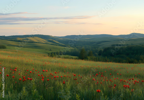 Serene Poppy Field at Dawn: Rolling hills meet a vibrant field of red poppies at sunrise, creating a picturesque landscape of tranquility and natural beauty.
