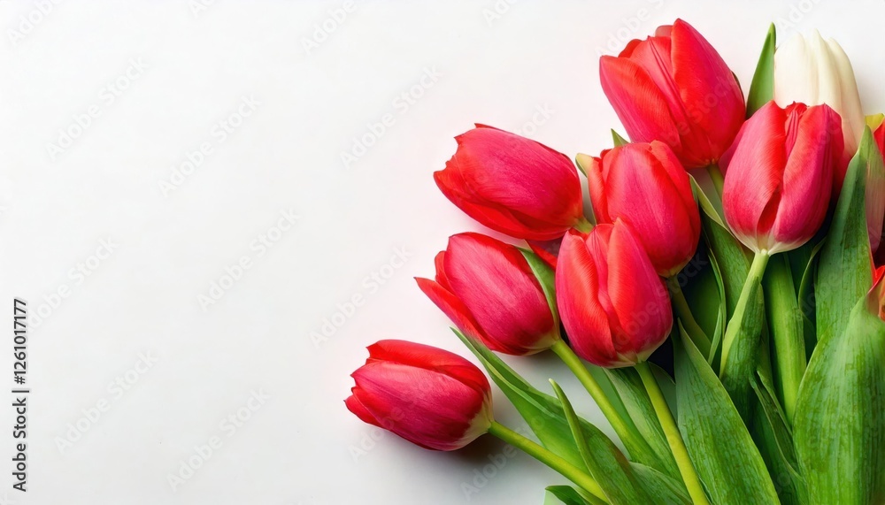 A lively bouquet of fresh red tulips with lush green leaves, set against a white background, representing love, beauty, and the essence of spring. A lively bouquet of fresh red tulips with lush green leaves, set against a white background, representing love, beauty, and the essence of spring.