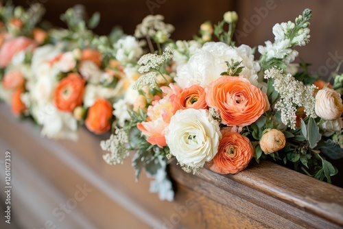 Delicate peach and cream wedding flowers decorating a wooden church pew