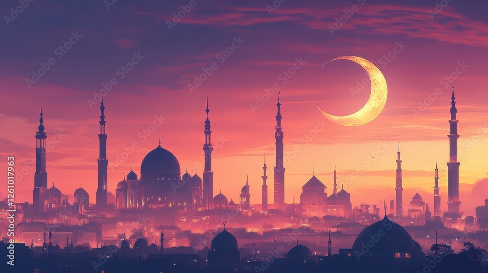 Fototapeta premium Digital Art of Crescent Moon Over Skyline of Mosques, Blending Futuristic Architecture with Traditional Elements