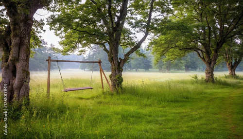 Whispering Meadows: A tranquil, springtime meadow dotted with soft-hued wildflowers and dew that emits a faint glow. At the edge of the clearing, a simple wooden swing hangs, framed by a grove of anci photo