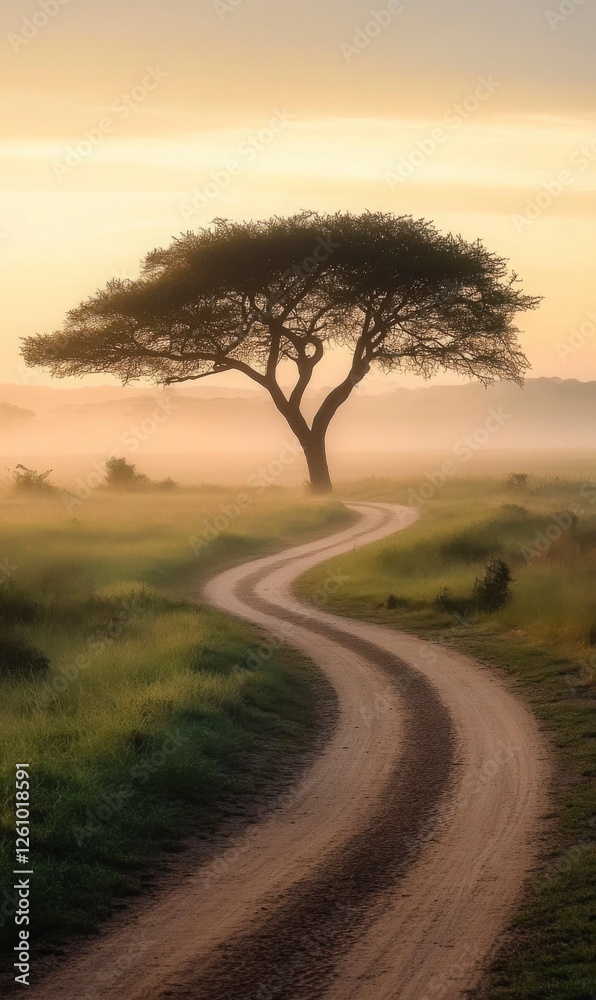 Misty Sunrise Path To Solitary Tree Misty Sunrise Path To Solitary Tree