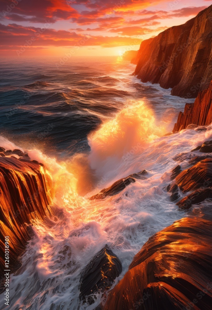 Fototapeta premium dynamic waves crashing vibrant coastal cliffs creating awe inspiring coastal landscape emphasizing motion color, ocean, coastline, surf, scenery, horizon