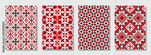 Vibrant red and white Ukrainian geometric patterns showcasing traditional textile designs from Eastern European culture
