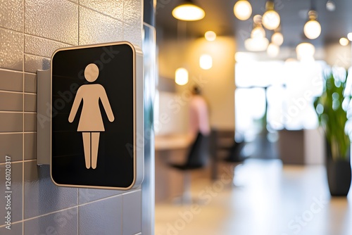 Women's Restroom Sign: A modern, minimalist women's restroom sign is mounted on a tiled wall in a stylish, contemporary interior space.