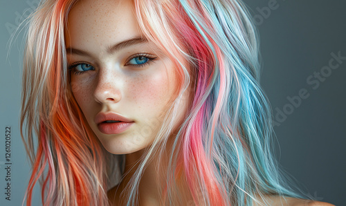 Beautiful punk supermodel with colorful long flowing