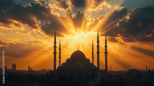 Dramatic Cinematic View of Mosque at Sunset with Light Beams Breaking Through Clouds, Illuminating Its Silhouette