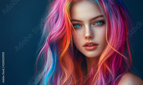 Beautiful punk supermodel with colorful long flowing