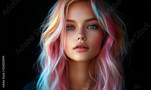 Beautiful punk supermodel with colorful long flowing