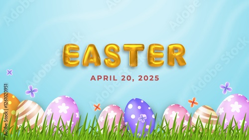 Happy Easter day concept with 3d cartoon style with eggs and flower.