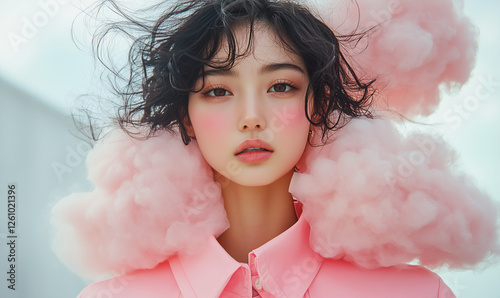 An elegant woman dressed in a flowing pastel pink