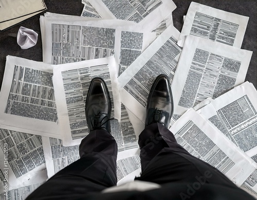 pieds d'un homme d'affaire avec chaussures cirées sur des journaux d'information en ia photo