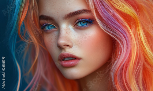 Beautiful punk supermodel with colorful long flowing