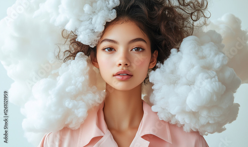 An elegant woman dressed in a flowing pastel pink