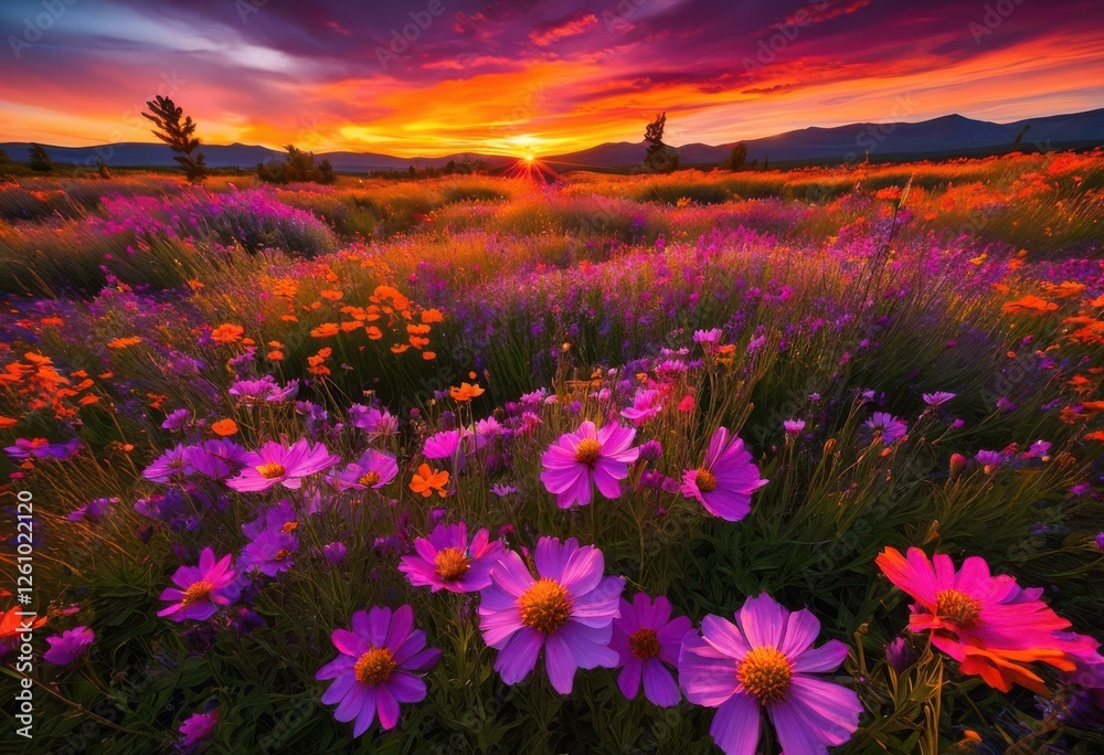 Obraz premium breathtaking sunset illuminating colorful wildflower field rich hues vibrant flora dusk, colors, landscape, sky, horizon, glow, bloom, twilight, petals, meadow