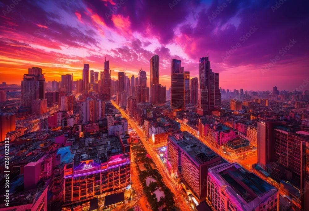 Fototapeta premium stunning vibrant city skyline sunset featuring bustling streets filled life energy, architecture, cityscape, urban, buildings, evening, streetscape, lights