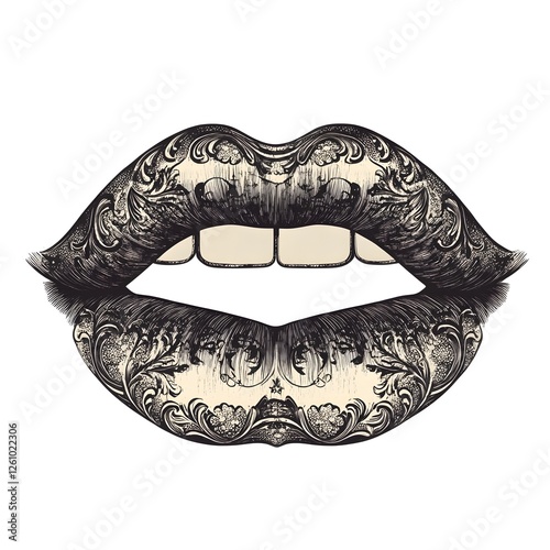 Intricate Filigree Pattern Overlaying Seductive Lips   A Captivating and Visually Striking Makeup and Beauty Concept with Dramatic Moody and Avant Garde Aesthetics