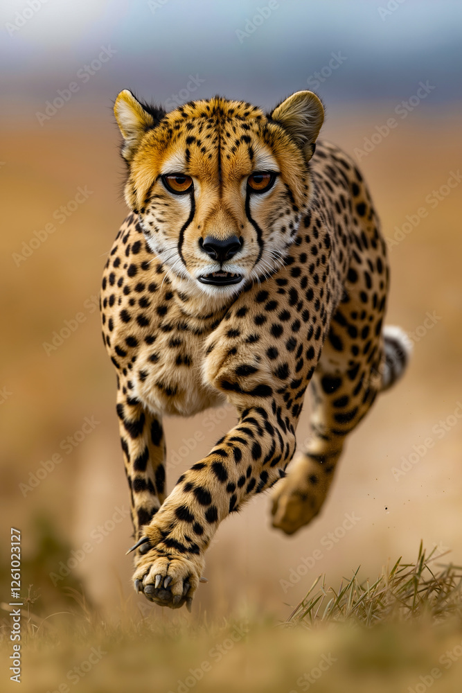 A cheetah running across a grassy field with a cloudy sky in the background A cheetah running across a grassy field with a cloudy sky in the background