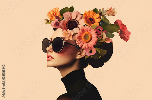 Floral Fashion Statement: A captivating portrait of a woman adorned with a vibrant floral crown, her profile turned towards the viewer.