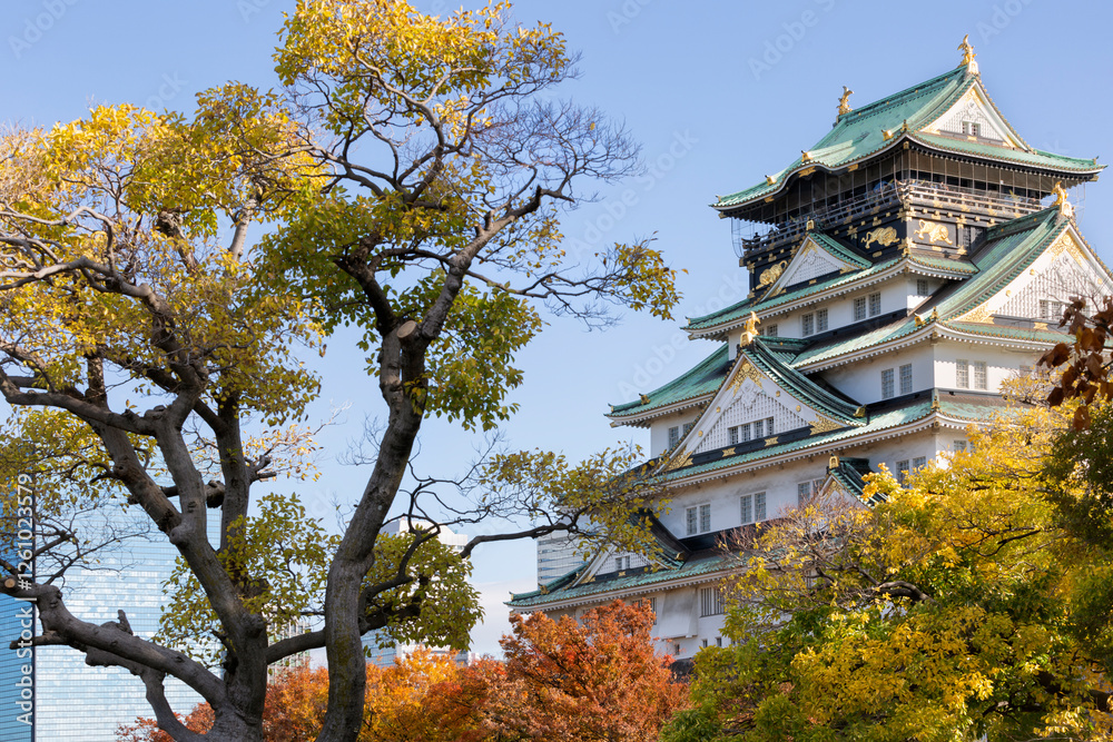 Osaka's landmark Osaka Castle castle tower that shines in the blue sky Osaka's landmark Osaka Castle castle tower that shines in the blue sky
