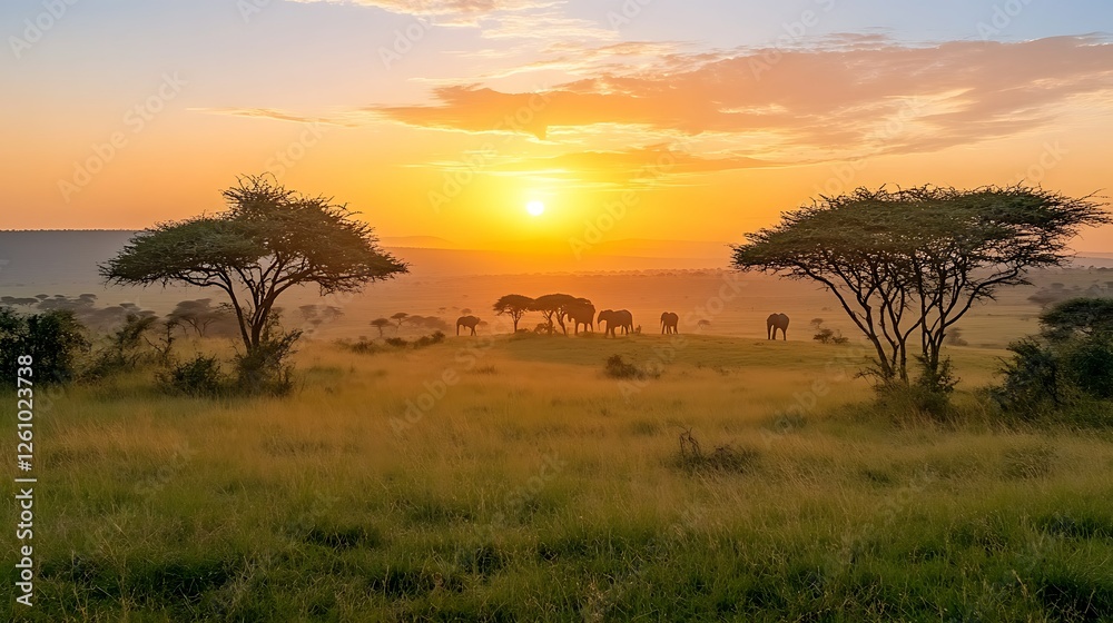 Obraz premium Elephants at sunrise, African savanna, hazy morning