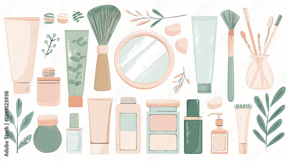 various beauty products and a mirror various beauty products and a mirror