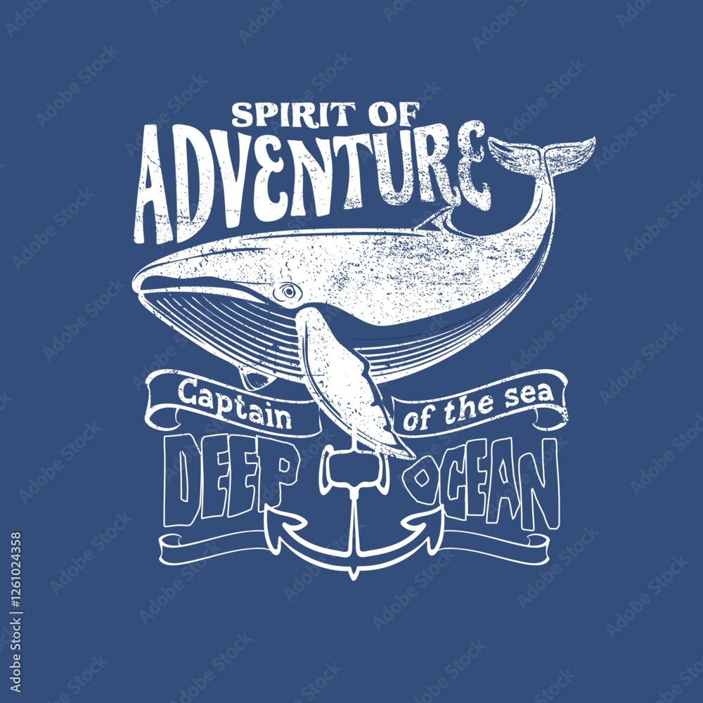 Fototapeta premium Spirit of Adventure deep ocean whale vector graphic print