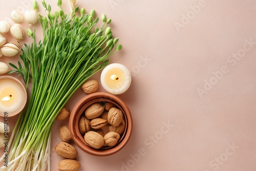 Wallpaper Mural Beautiful Nowruz Decorations Featuring Green Sprouts, Nuts, and Candles on a Soft Pastel Pink Background, Ideal for Microstock Use Torontodigital.ca