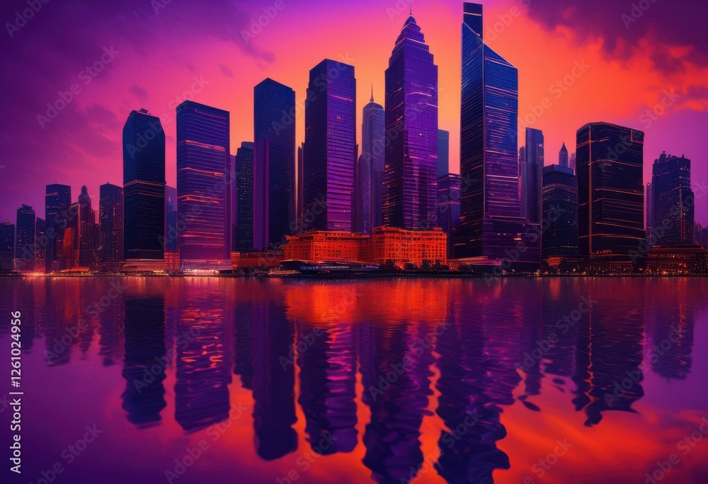 Fototapeta premium stunning dramatic city skyline reflections twilight casting vibrant colors across enhancing evening beauty urban landscape, cityscape, skyscrapers