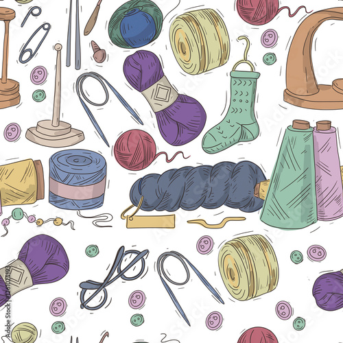 Knitting balls wool cotton bobbins with wool yarn needlework crochet knitting set hand drawn knitting set hand drawn in watercolor