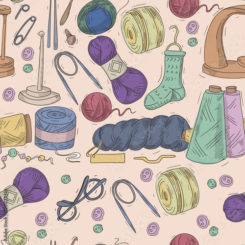 Knitting balls wool cotton bobbins with wool yarn needlework crochet knitting set hand drawn knitting set hand drawn in watercolor