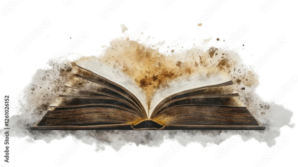 Open ancient book releasing magic dust on transparent background