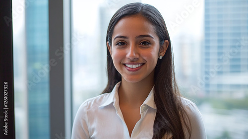 Portrait of a smiling young professional woman in a white button-down shirt. She is standing in front of a large window with a city skyline in the background.