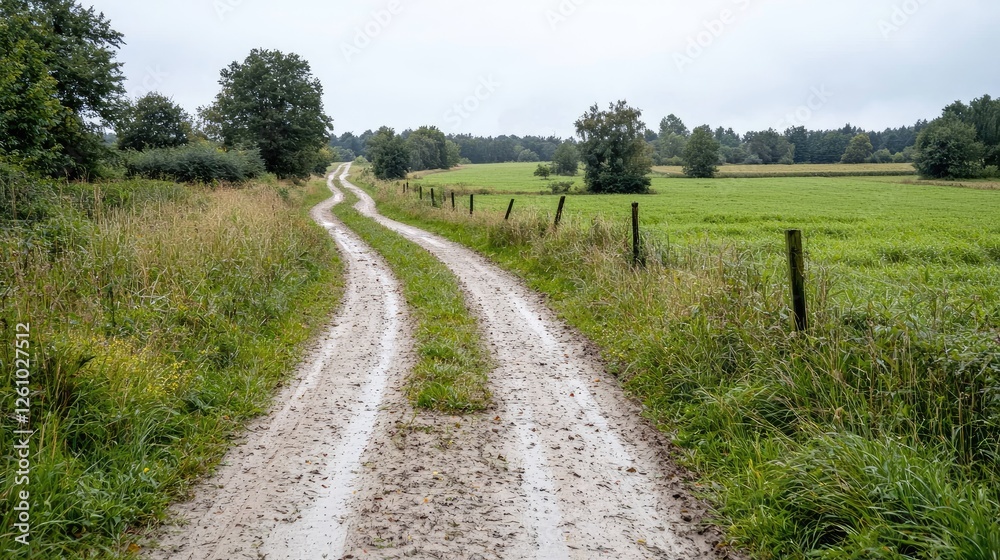 Rural dirt road, green fields, overcast sky, countryside travel Rural dirt road, green fields, overcast sky, countryside travel
