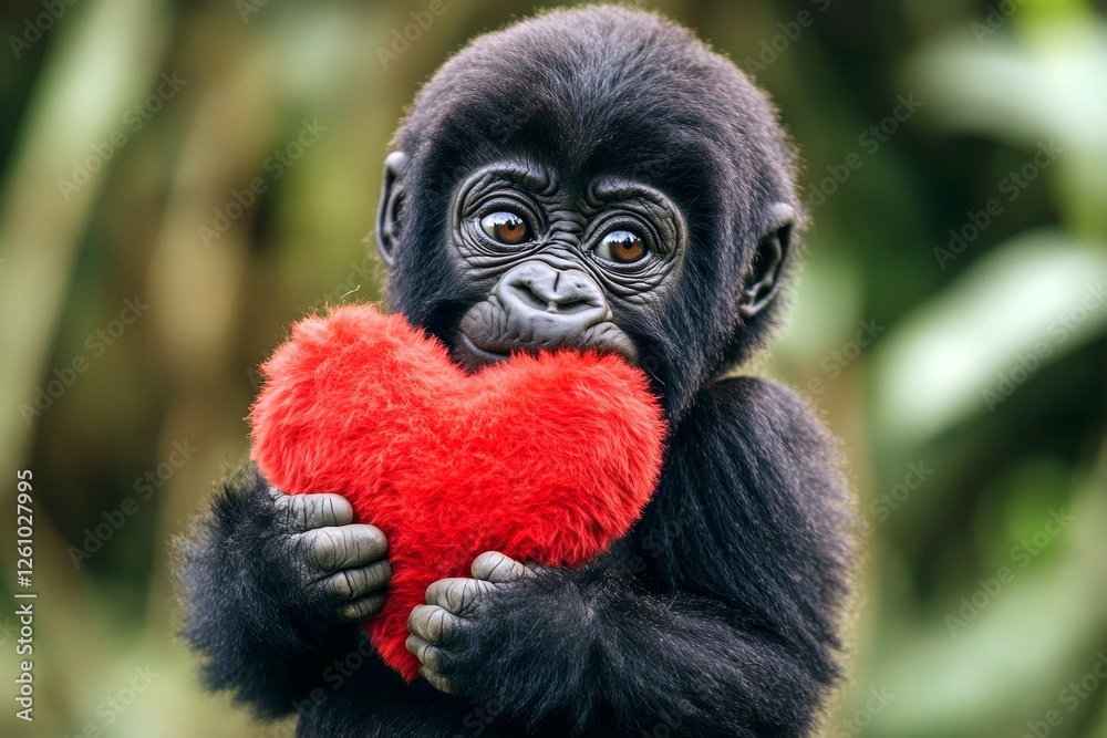 Obraz premium Marketing animal idea. Cute gorilla baby with fluffy red heart on in a natural habitat. Gorilla - my treasured animal. Affectionate wild creatures. Heartwarming nature love. Valentine's anima.