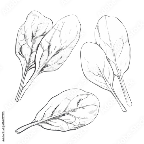 Hand-drawn sketch of a spinach leaves. Vegetable drawing. Detailed vintage-style illustration, perfect for packaging, branding, menus, farmers markets, organic food labels, botanical prints.
