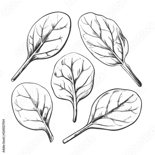 Hand-drawn sketch of a spinach leaves. Vegetable drawing. Detailed vintage-style illustration, perfect for packaging, branding, menus, farmers markets, organic food labels, botanical prints.
