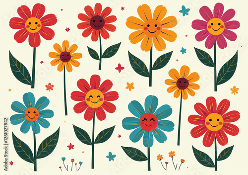 collection retro flowers smiling faces vector illustrations hippie twist colorful graphics design