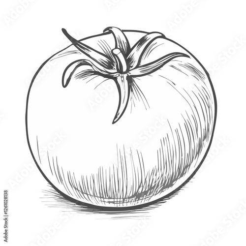 Hand-drawn sketch of a tomato. Detailed vintage-style illustration, perfect for food packaging, branding, menus, organic product labels, farmers markets, and botanical or culinary designs.
