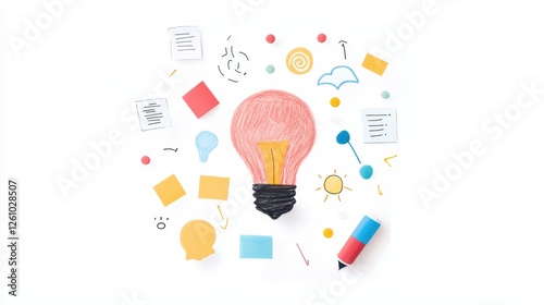 Creative Brainstorming Session with Light Bulb and Colorful Ideas on White Background
