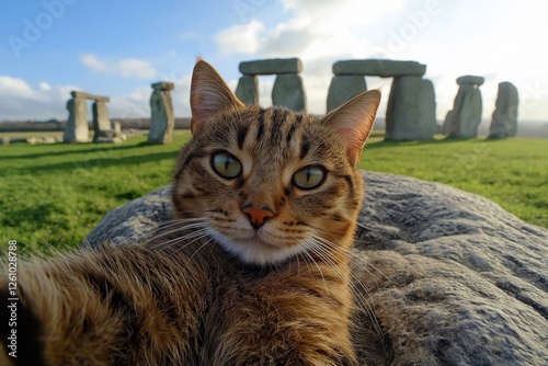 The cat makes a selfie against the background of Stonehenge, tourism, journey photo